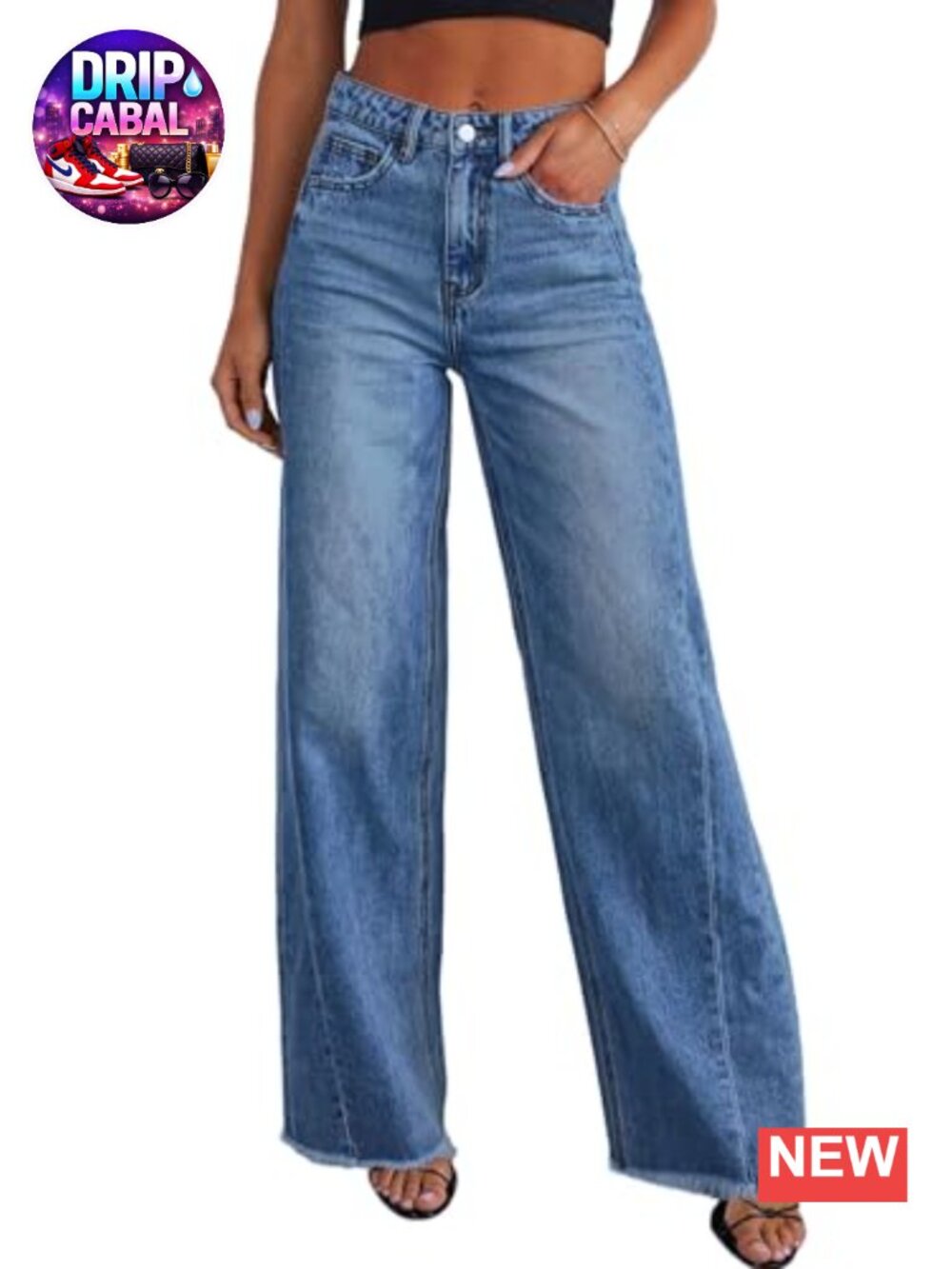 Wide Leg High Rise Raw Hem Denim Jeans Women's Stretchy Casual Pants